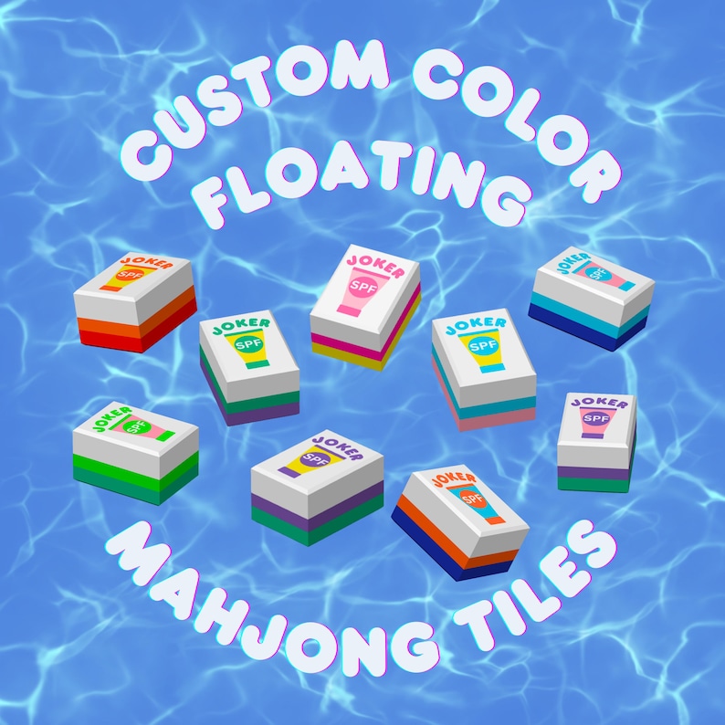 May include: Custom color floating Mahjong tiles with a sunscreen theme. Each tile features the word "Joker" and a sunscreen tube graphic with "SPF". The tiles have colorful borders and float on a blue water background.