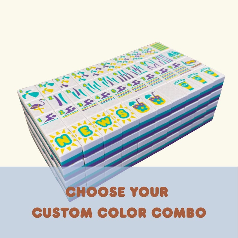 May include: A stack of white tiles with turquoise, purple, and yellow designs. The tiles feature various summer-themed graphics and the word "NEWS". The text "CHOOSE YOUR CUSTOM COLOR COMBO" is at the bottom.