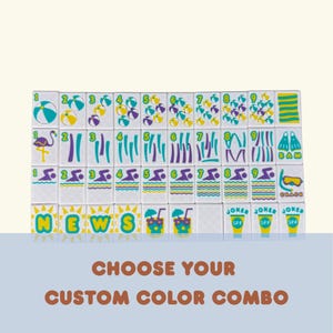 May include: A collection of white tiles with colorful beach-themed illustrations. The tiles feature images of beach balls, flamingos, waves, and cocktails. Text on the tiles includes "NEWS", "JOKER", and "SPF". The phrase "CHOOSE YOUR CUSTOM COLOR COMBO" is also visible.