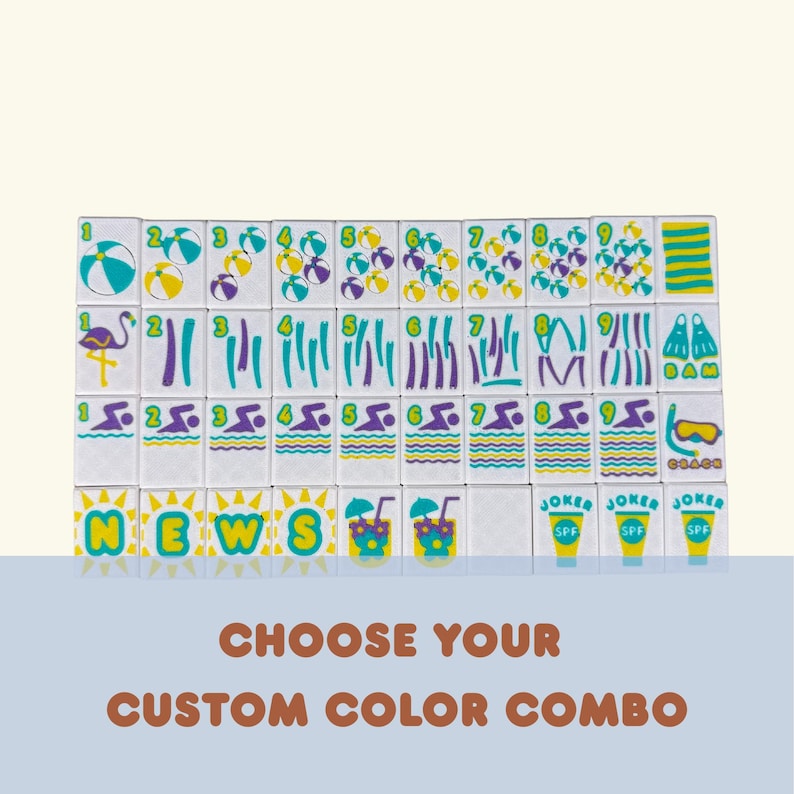May include: A collection of white tiles with colorful beach-themed illustrations. The tiles feature images of beach balls, flamingos, waves, and cocktails. Text on the tiles includes "NEWS", "JOKER", and "SPF". The phrase "CHOOSE YOUR CUSTOM COLOR COMBO" is also visible.