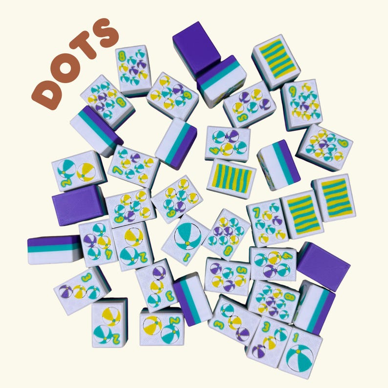 May include: A collection of game tiles with the word "DOTS" in brown. The tiles are white with colorful graphics of beach balls and dots in yellow, teal, and purple. Some tiles have striped patterns in yellow and teal. The edges are purple, teal, and white.