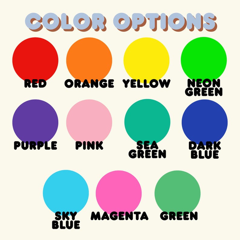 Puede incluir: Un gr&aacute;fico que muestra opciones de color. El texto "COLOR OPTIONS" est&aacute; en la parte superior. Debajo hay doce c&iacute;rculos de colores: rojo, naranja, amarillo, verde ne&oacute;n, morado, rosa, verde mar, azul oscuro, azul cielo, magenta y verde.