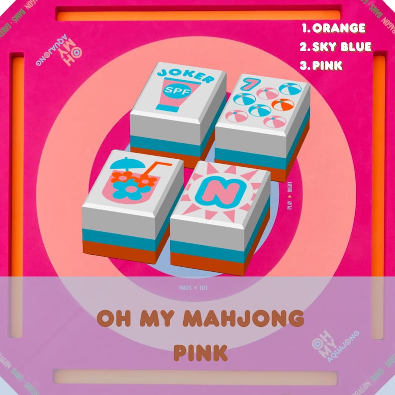 May include: A pink and orange Mahjong set with four tiles featuring various summer-themed graphics and the text "JOKER" and "SPF". The set includes the text "OH MY MAHJONG PINK" and color options: orange, sky blue, and pink.