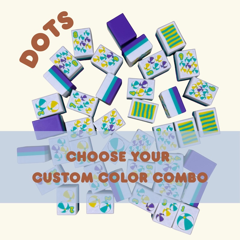 May include: A collection of colorful game tiles with the word "DOTS" in brown. The tiles feature various dot patterns and striped designs in shades of purple, green, yellow, and blue. Text on the image reads "CHOOSE YOUR CUSTOM COLOR COMBO."