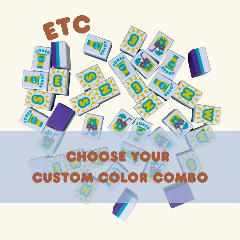 May include: A collection of white, rectangular tiles with various designs and text, including "SPF", "JOKER", and letters. Some tiles feature a sun, a drink, and a flower. The text "CHOOSE YOUR CUSTOM COLOR COMBO" is also present.