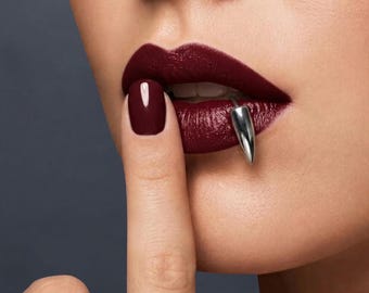 Anel labial falso gótico em prata de lei 925 | Presas de vampiro para piercing labial | Argola sem furo | Acessório de Halloween | Presente