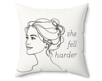 She Fell Harder Throw Pillow | Line Art Woman Portrait | Slow Burn Romance Decor | Bookish Gift for Her | Dark Academia Home