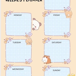 Peut inclure: Une feuille de planning hebdomadaire sur fond pêche clair avec le texte WEEKLY PLANNER. Elle comprend sept cases quadrillées bleu clair pour chaque jour de la semaine, décorées de petites illustrations de chats, d'un hamster, de nœuds et de fleurs.
