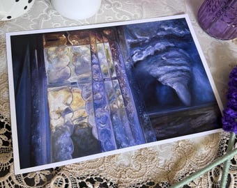 May include: A rectangular art print featuring a dark, moody painting of a window with ornate, scalloped curtains in shades of deep blue, purple, and gold. The scene depicts a swirling, cloud-like form outside the window pane, rendered in textured, dark blue and violet brushstrokes that create a sense of depth and mystery.