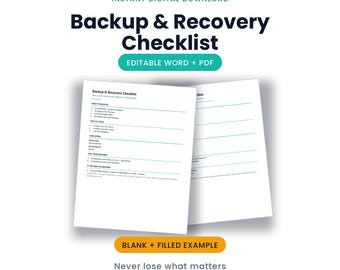 Backup and Recovery Checklist | Editable Word + PDF, 3-2-1 Rule + Restore Testing | Instant Download