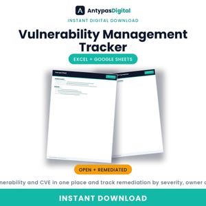 Könnte beinhalten: Ein digitaler Vulnerability Management Tracker für Excel und Google Sheets von AntypasDigital. Die Grafik zeigt zwei Tabellenkalkulationsvorlagen mit weißem Hintergrund, dunkelblauen Kopfzeilen und türkisfarbenen Akzenten, beschriftet mit Open und Remediated.