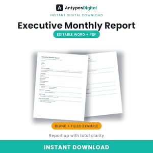 May include: A digital document template titled Executive Monthly Report with sections for executive summary, key metrics, highlights, lowlights, and priorities. The layout includes teal lines and text on a white background, available as an editable Word and PDF file.