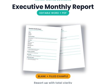 Executive Monthly Report Template | Editable Word + PDF, Summary, KPIs, Risks + Priorities | Instant Download