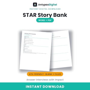 May include: A digital document titled STAR Story Bank with sections for Situation, Task, Action, and Result. The white pages feature black text and blue horizontal lines. The header includes AntypasDigital and the text WORD + PDF.