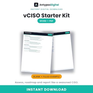 May include: A digital vCISO Starter Kit document set featuring AntypasDigital branding. The kit includes Word and PDF files with blank and completed example templates for security assessments, roadmaps, and reports, presented on white pages.