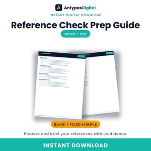 Può includere: Una guida digitale alla preparazione del controllo delle referenze disponibile in formato Word e PDF. Il grafico mostra due pagine, una vuota e una con un esempio compilato, con intestazioni blu scuro e accenti verde acqua con il testo AntypasDigital.