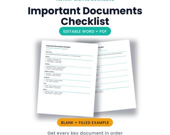 Important Documents Checklist | Editable Word, PDF (Instant Download)