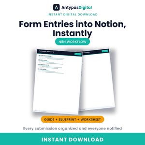 Op de afbeelding: Een digitale downloadgids en blauwdruk voor een N8N-workflow getiteld Form Entries into Notion, Instantly. Het document toont een voorbeeld van veldtoewijzing met vier stappen, inclusief formulier-triggers en het delen van gegevens.