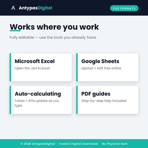 Formats — Excel and Google Sheets, auto KPIs, editable