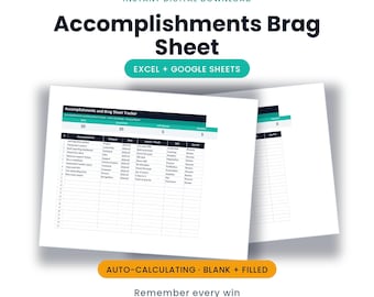 Accomplishments and Brag Sheet Tracker | Google Sheets + Excel | For Resumes and Reviews | Instant Download