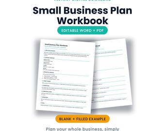 Small Business Plan Workbook | Editable Word + PDF, 10-Section Plan + Financial Projections | Instant Download