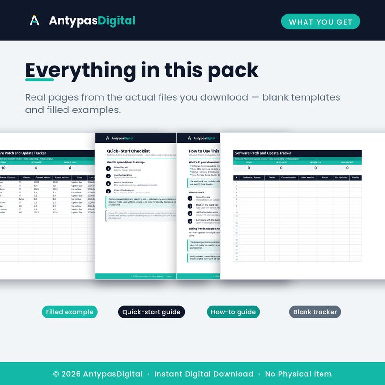 What is included — software patch and update tracker with blank tab and Example Filled tab