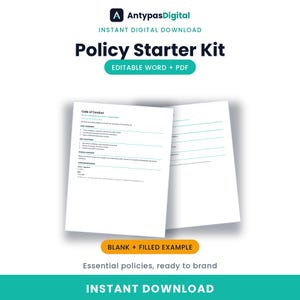 May include: A digital Policy Starter Kit document set featuring a Code of Conduct page with black text on a white background. The header displays AntypasDigital, Instant Digital Download, and Editable Word + PDF. Includes blank and filled examples.