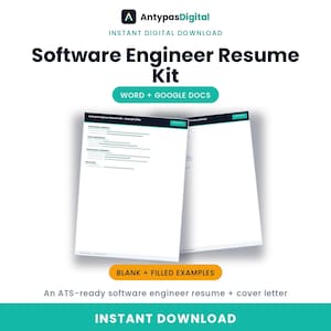 Op de afbeelding: Een digitale Software Engineer CV-kit met twee documentsjablonen, één ingevuld en één leeg, met blauwgroene en donkerblauwe kopteksten. De tekst bevat "AntypasDigital", "Software Engineer Resume Kit", "WORD + GOOGLE DOCS" en "BLANK + FILLED EXAMPLES".