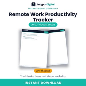 Peut inclure: Un outil numérique de suivi de la productivité pour le télétravail, compatible avec Excel et Google Sheets par AntypasDigital. Le document présente une mise en page blanche avec des en-têtes sarcelle et le texte WFH TRACKER.