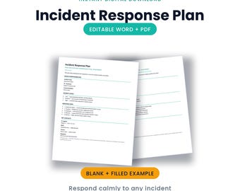 Incident Response Plan Template | Editable Word + PDF, Roles, Steps + Incident Log | Instant Download