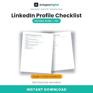 May include: A digital LinkedIn Profile Checklist document available as an editable Word and PDF file. The white pages feature black text with teal accents, including sections for profile optimization, headline, about, experience, skills, and activity.