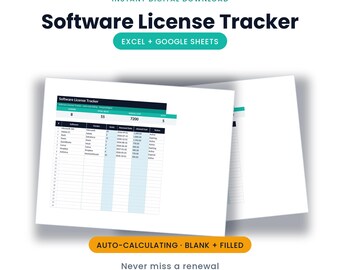 Software License Tracker | Excel + Google Sheets, Seats, Renewals + Cost | Instant Download