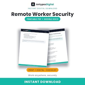 Op de afbeelding: Een digitaal documentenpakket getiteld Remote Worker Security, beschikbaar als printbare PDF en Google Docs. De pagina's bevatten een sectie voor incidentrapportage en een beveiligingschecklist met blauwgroene en donkerblauwe merkelementen.
