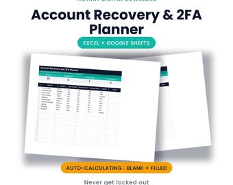 Accountherstel- en 2FA-planner | Google Spreadsheets + Excel | Raak nooit buitengesloten | Direct downloaden