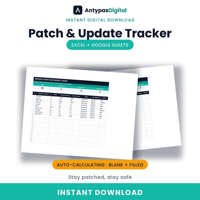 Software Patch and Update Tracker — Google Sheets and Excel, stay patched and secure, instant digital download by AntypasDigital