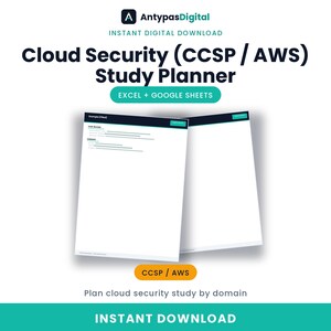May include: A digital Cloud Security CCSP and AWS study planner template for Excel and Google Sheets. The document features a white background with dark blue and teal accents, displaying a tracker and summary section for study progress.