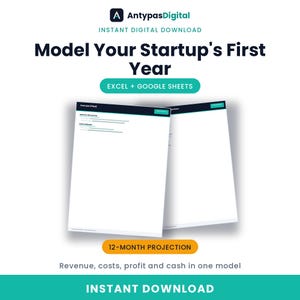 May include: A digital download template titled Model Your Startup's First Year for Excel and Google Sheets. The document features a 12-month projection layout for tracking revenue, costs, profit, and cash, branded by AntypasDigital with teal accents.