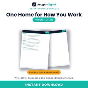 Könnte beinhalten: Eine digitale Notion-Vorlage mit dem Titel One Home for How You Work von AntypasDigital. Die Grafik zeigt zwei weiße Dokumentenseiten mit dunklen Kopfzeilen, die Abschnitte für Wikis, SOPs, Prozesse, Onboarding-Checklisten und Teamverzeichnisse enthalten.