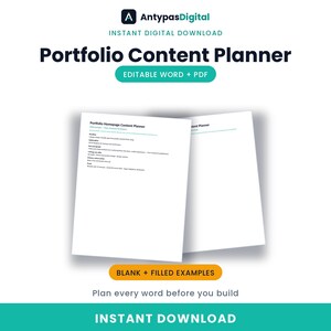 Puede incluir: Un documento de planificador de contenido de portafolio digital con el texto AntypasDigital, Portfolio Content Planner, Editable Word + PDF, Blank + Filled Examples e Instant Download. El documento muestra un diseño estructurado.