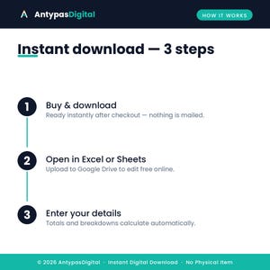How it works — instant download, open in Excel or Google Sheets, track updates