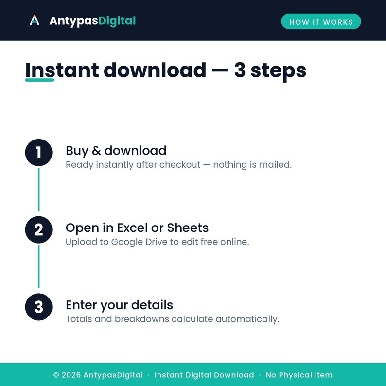 How it works — instant download, open in Excel or Google Sheets, track updates