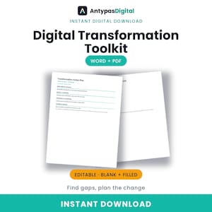 Puede incluir: Un conjunto de documentos de kit de herramientas de transformación digital con el logotipo de AntypasDigital, el texto Digital Transformation Toolkit y etiquetas Word + PDF. Se muestran dos páginas blancas con texto.