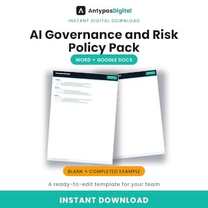 Pacote de Políticas de Governança de IA e Gestão de Riscos | Modelo editável em Word e Google Docs (Download Digital)