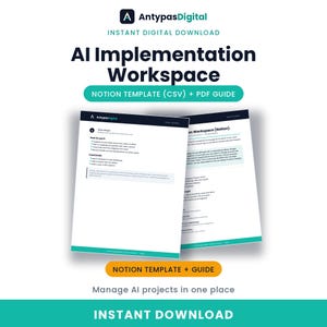 Puede incluir: Una plantilla de Notion y guía en PDF para el espacio de trabajo de implementación de IA de AntypasDigital. El producto digital incluye un archivo CSV y documentación para gestionar proyectos de IA con diseños estructurados.