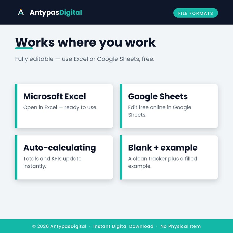 Works in Microsoft Excel and Google Sheets
