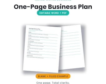 One-Page Business Plan Template | Editable Word, PDF (Instant Download)