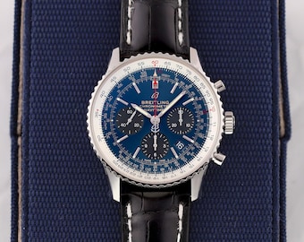 Luxury Men's Breitling Navitimer Watch | Blue Chronograph Dial | Black Leather Strap | Classic Aviation Wristwatch