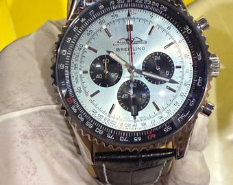 Luxury Men's Breitling Navitimer Watch | Silver Chronograph Dial | Black Leather Strap | Classic Aviation Wristwatch