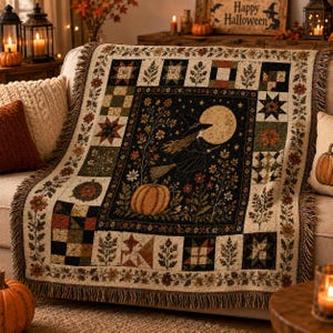 May include: A woven throw blanket featuring a central illustration of a witch flying on a broomstick past a full moon above a pumpkin. The design is framed by a border of patchwork quilt squares in autumn colours, including stars, leaves, and flowers.