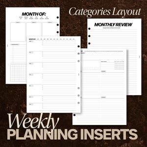 May include: A set of white paper planner inserts with black text and lines. The pages feature headers including MONTH OF, MONTHLY REVIEW, and Weekly PLANNING INSERTS. The layouts contain sections for goals, important dates, a grid, and daily tasks.